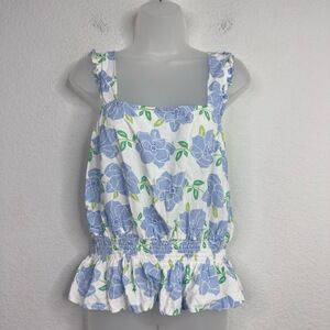 Draper James Shirt Women L Floral Smocked Peplum Ruffle Cottage Coastal Romantic